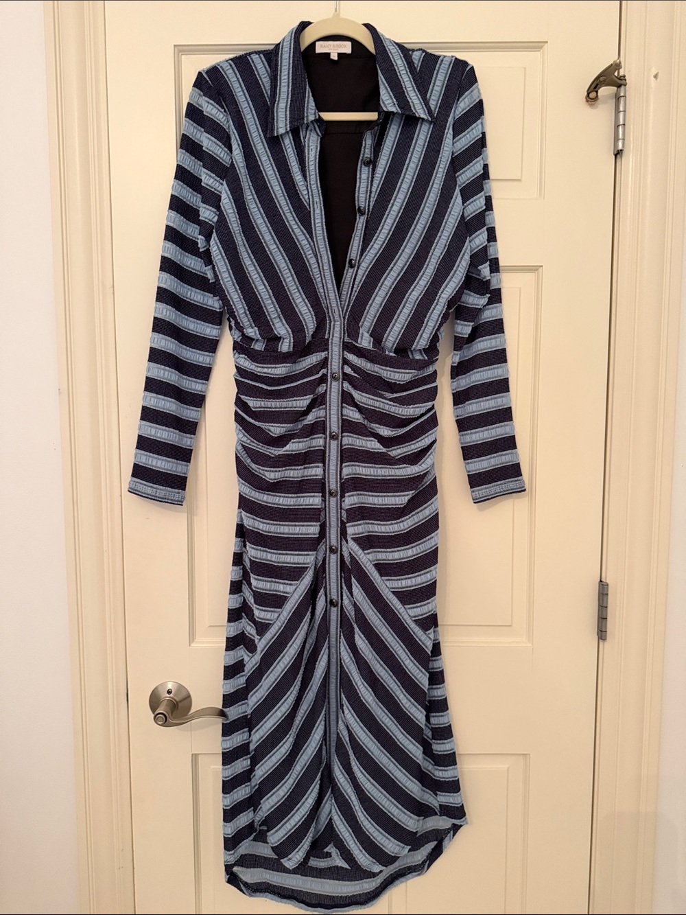 Ramy Brook Striped Long-Sleeve Button-Front Maxi Dress in Navy and Light Blue